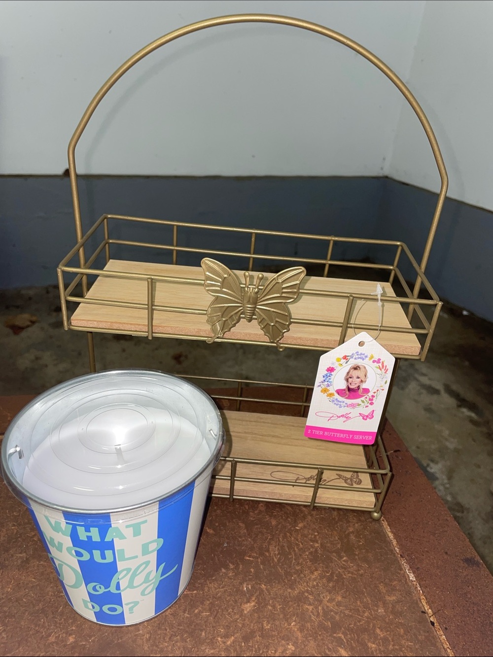 Dolly Butterfly Two-Tier Wood & Gold Metal Stand & citronella candle